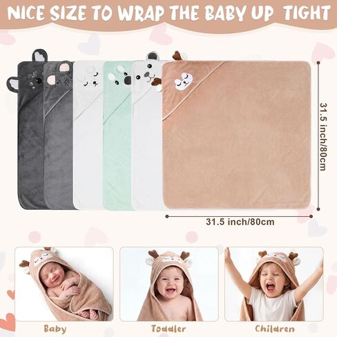 Tegeme 24 Pcs Baby Bath Towel Set, 6 Oversized Hooded Towels (31x31") & 18 Washcloths(10"), Ultra Absorbent Soft Coral Fleece Assorted Animals for Newborn Infant Toddlers Baby Shower Gifts, Neutral in Kuwait