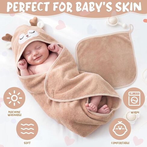 Tegeme 24 Pcs Baby Bath Towel Set, 6 Oversized Hooded Towels (31x31") & 18 Washcloths(10"), Ultra Absorbent Soft Coral Fleece Assorted Animals for Newborn Infant Toddlers Baby Shower Gifts, Neutral in Kuwait