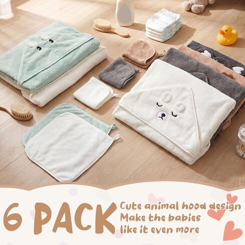 Tegeme 24 Pcs Baby Bath Towel Set, 6 Oversized Hooded Towels (31x31") & 18 Washcloths(10"), Ultra Absorbent Soft Coral Fleece Assorted Animals for Newborn Infant Toddlers Baby Shower Gifts, Neutral in Kuwait