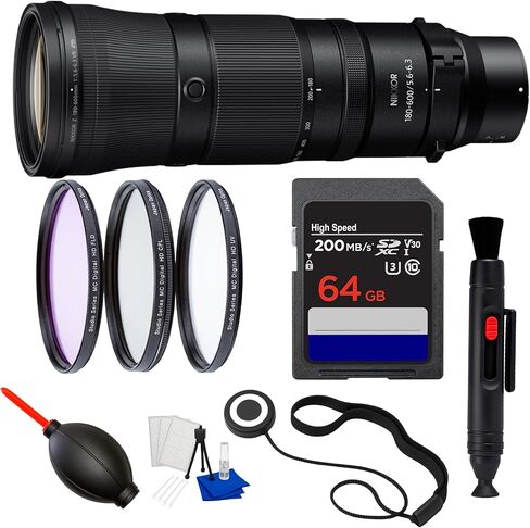 مجموعة عدسة Nikon NIKKOR Z مقاس 180-600 مم وببؤرة f/5.6-6.3 VR (أسود) مع منفاخ + مجموعة مرشح + طقم تنظيف 3 قطع + حافظة غطاء العدسة + المزيد (متجددة) in Kuwait