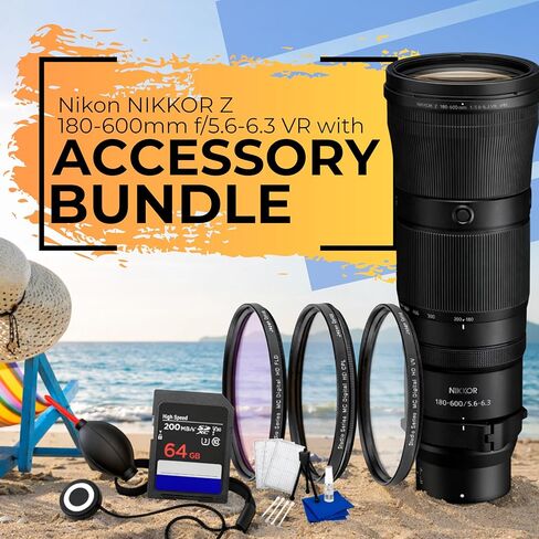 مجموعة عدسة Nikon NIKKOR Z مقاس 180-600 مم وببؤرة f/5.6-6.3 VR (أسود) مع منفاخ + مجموعة مرشح + طقم تنظيف 3 قطع + حافظة غطاء العدسة + المزيد (متجددة) in Kuwait