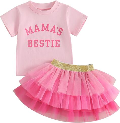 Toddler Baby Girl Clothes Mama's Bestie Short Sleeve T-shirt Top Ruffle Tulle Skirt 2Pcs Summer Outfit Set in Saudi Arabia