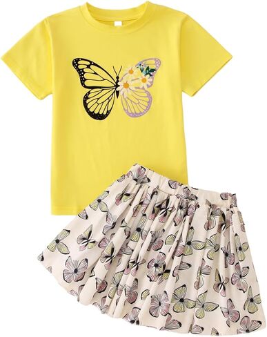 KEKEMI Kid Toddler Girl Skirt Set Cute Butterfly Print Short Sleeve Shirt Tutu Skirt Set Summer Outfits 2 Piece Outfit 1-8Y in Kuwait