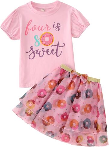 KEKEMI Toddler Girl Birthday Outfits Sweet One Birthday Donuts Print Shirt B-Day Tutu Skirt Set Cake Smash Outfit 2Pcs 1-8Y in Saudi Arabia
