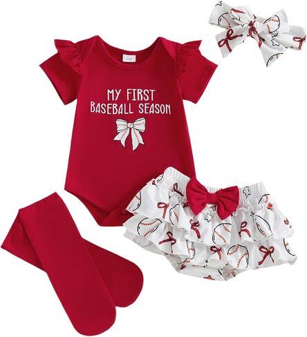 My First Baseball Season Baby Girl Outfit Newborn Short Sleeve Romper Ruffles Tutu Skirt Headband Socks 4Pcs Sets in Saudi Arabia