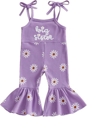 Tsultryofs Baby Girl Bell Bottom Jumpsuit Infant Toddler Waffle Clothes Letter Flower Print Sleeveless Square Neck Overalls in Saudi Arabia