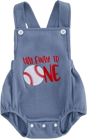 Bagilaanoe Half Birthday Outfit Baby Boy Half Way to ONE Baseball Sleeveless Romper Jumpsuit One Year Old Clothes in Kuwait