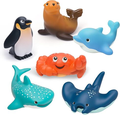 6-Pcs Ocean Bath Toys for Toddlers 1-3, No Hole Mold Free Bathtub Toys, Whale Shark Dolphin Penguin Sea Animal Set for Baby Bath Time or Pool Water Play in Kuwait