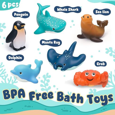 6-Pcs Ocean Bath Toys for Toddlers 1-3, No Hole Mold Free Bathtub Toys, Whale Shark Dolphin Penguin Sea Animal Set for Baby Bath Time or Pool Water Play in Kuwait