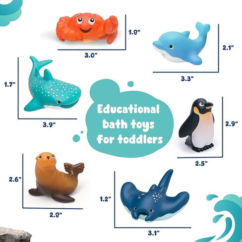 6-Pcs Ocean Bath Toys for Toddlers 1-3, No Hole Mold Free Bathtub Toys, Whale Shark Dolphin Penguin Sea Animal Set for Baby Bath Time or Pool Water Play in Kuwait