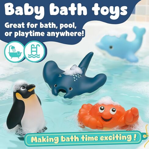 6-Pcs Ocean Bath Toys for Toddlers 1-3, No Hole Mold Free Bathtub Toys, Whale Shark Dolphin Penguin Sea Animal Set for Baby Bath Time or Pool Water Play in Kuwait