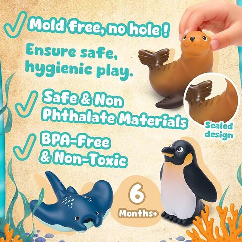 6-Pcs Ocean Bath Toys for Toddlers 1-3, No Hole Mold Free Bathtub Toys, Whale Shark Dolphin Penguin Sea Animal Set for Baby Bath Time or Pool Water Play in Kuwait