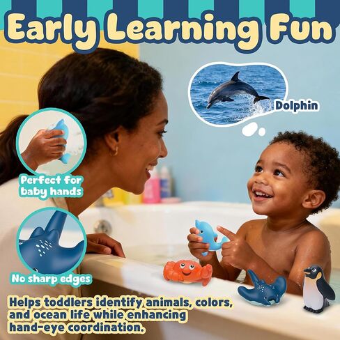 6-Pcs Ocean Bath Toys for Toddlers 1-3, No Hole Mold Free Bathtub Toys, Whale Shark Dolphin Penguin Sea Animal Set for Baby Bath Time or Pool Water Play in Kuwait