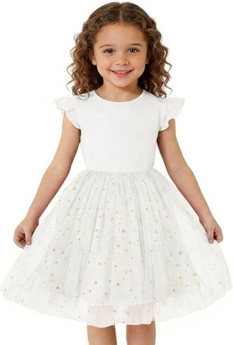 Haloumoning Toddler Baby Girls Tutu Dresses Kids Summer Ruffle Short Sleeve Star Sequin Tulle Party Dress 9M-8Y in Kuwait