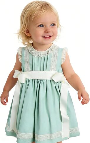 Baby Girl's Mint Green Lace Dress with Satin Ribbon Belt - Elegant Christening, Special Occasion & Family Gathering Outfit in Saudi Arabia