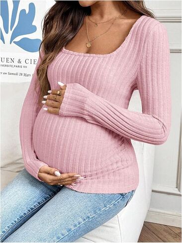 Women's Maternity Ribbed Knit Top Square Neck Long Sleeve T Shirts Fall Tops in Saudi Arabia