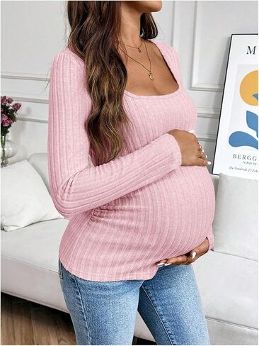 Women's Maternity Ribbed Knit Top Square Neck Long Sleeve T Shirts Fall Tops in Saudi Arabia