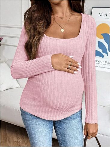 Women's Maternity Ribbed Knit Top Square Neck Long Sleeve T Shirts Fall Tops in Saudi Arabia