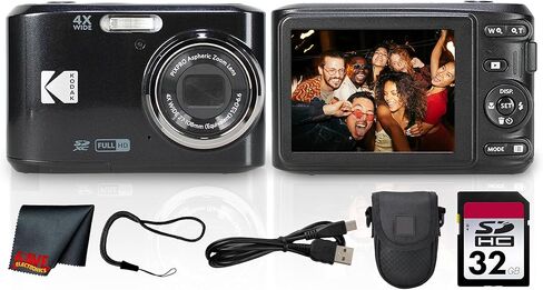 Kodak PIXPRO FZ45 Digital Camera (Black) | 16MP Sensor, 4X Optical Zoom, 27mm Wide-Angle Lens & Full HD Video | Great for Travel & Family Photos (FZ45BK) + 32GB Card + Camera Case + Cleaning Cloth in Kuwait