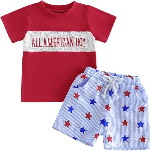 Bagilaanoe Toddler Baby Boy 4th of July Outfit Patriotic Clothes American Flag USA Short Sleeve T-Shirt Top+ Shorts Set in Kuwait