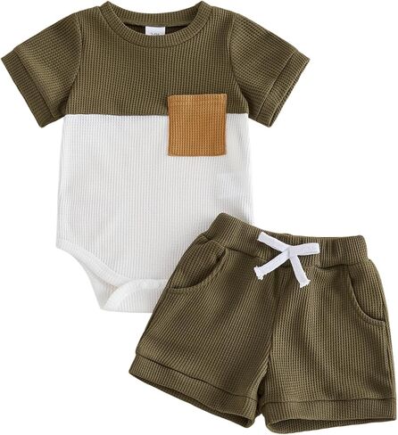 Newborn Baby Boy Summer Outfit Set Contrast Color Romper Tops With Elastic Waist Shorts Cute Infant Waffle Clothes in Saudi Arabia