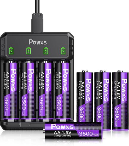 POWXS RechargeableAA Lithium Batteries 1.5V with USB Charger, 3500mWh, 2000 Cycles, Constant Voltage for Blink Camera, Security Devices, Flashlight, Audio Equipmen 8-Pack in Kuwait