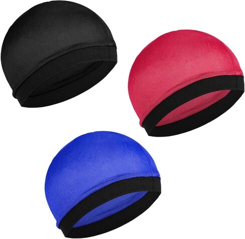 Sibba 3 Pcs Kids Silky Durag Satin Wave Caps Set Polyester Durags Head Wrap Unisex Baby Durags Beanie Cap 360 Wave Wide Strap Skull Caps for Boy Toddler Girls (Black, Blue, Wine Red) in Kuwait