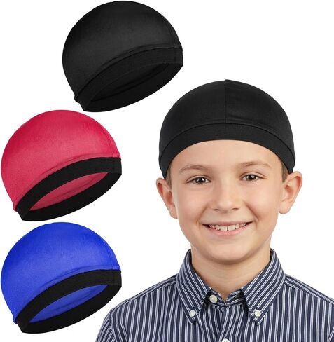 Sibba 3 Pcs Kids Silky Durag Satin Wave Caps Set Polyester Durags Head Wrap Unisex Baby Durags Beanie Cap 360 Wave Wide Strap Skull Caps for Boy Toddler Girls (Black, Blue, Wine Red) in Kuwait