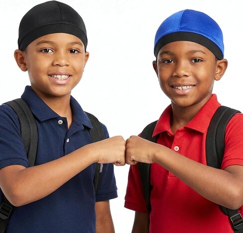 Sibba 3 Pcs Kids Silky Durag Satin Wave Caps Set Polyester Durags Head Wrap Unisex Baby Durags Beanie Cap 360 Wave Wide Strap Skull Caps for Boy Toddler Girls (Black, Blue, Wine Red) in Kuwait