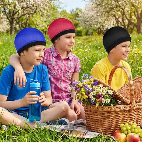 Sibba 3 Pcs Kids Silky Durag Satin Wave Caps Set Polyester Durags Head Wrap Unisex Baby Durags Beanie Cap 360 Wave Wide Strap Skull Caps for Boy Toddler Girls (Black, Blue, Wine Red) in Kuwait