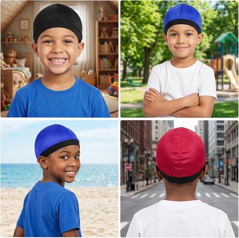 Sibba 3 Pcs Kids Silky Durag Satin Wave Caps Set Polyester Durags Head Wrap Unisex Baby Durags Beanie Cap 360 Wave Wide Strap Skull Caps for Boy Toddler Girls (Black, Blue, Wine Red) in Kuwait