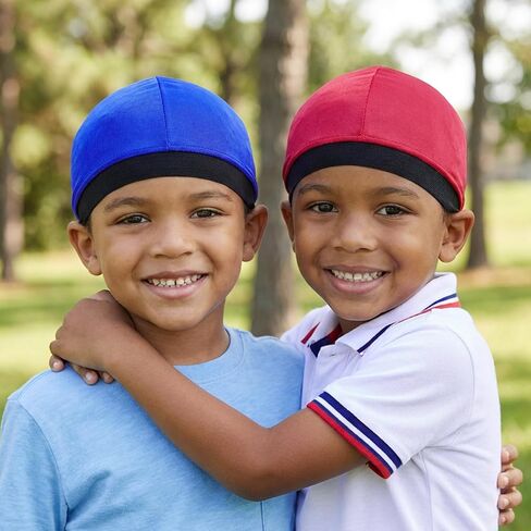 Sibba 3 Pcs Kids Silky Durag Satin Wave Caps Set Polyester Durags Head Wrap Unisex Baby Durags Beanie Cap 360 Wave Wide Strap Skull Caps for Boy Toddler Girls (Black, Blue, Wine Red) in Kuwait