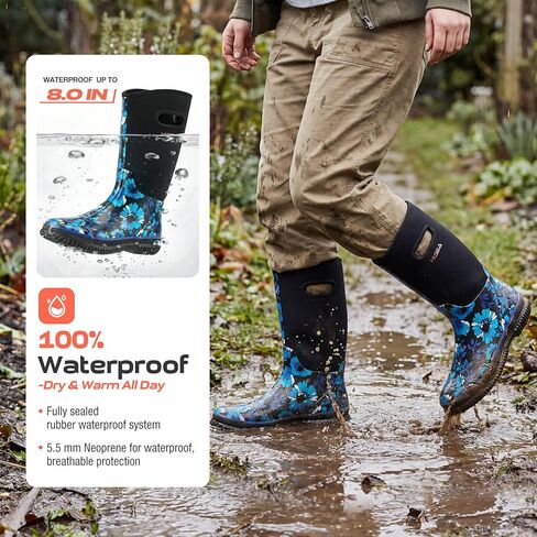 HISEA Women's Mud Rain Boots, Waterproof Insulated Calf Fashion Garden Shoes for Ladies, Anti-Slip Tall Knee High booties, 5.5mm Neoprene Rubber for Outdoor Work in Kuwait