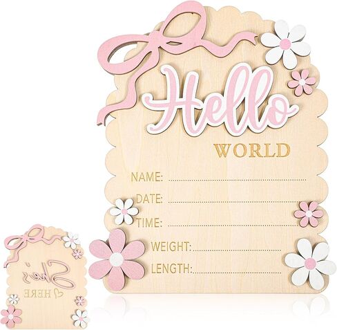 لافتة إعلان الطفل Hello Worlds علامة حديثي الولادة، خشبية ثلاثية الأبعاد، أقواس وردية، لافتات إعلان الولادة، بطاقة She's Here لحديثي الولادة، دعائم صور للترحيب بالأطفال، دش المستشفى، ديكور الحضانة على الوجهين in Kuwait