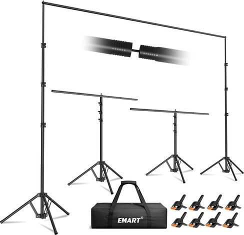 EMART 3-in-1 Backdrop Stand Kit 10x8 ft for Photography Studio, T-Shape Banner Back Drop Stand for Party, Wedding, Dectoration, Background Stand for Photo Video Studio with Carry Bag, 8 Clamps in Kuwait