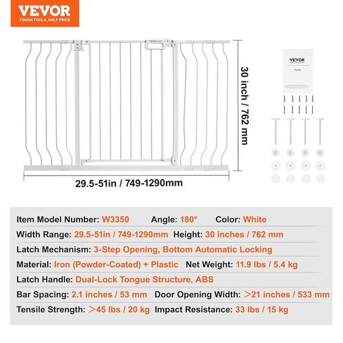 VEVOR 29.5-53 بوصة بوابة أمان واسعة للغاية للسلالم، بوابة كلب مغلقة تلقائيًا للمنزل، بوابات الحيوانات الأليفة سهلة التركيب بالضغط للمداخل، سهلة المشي من خلال بوابة أمان واسعة للكلاب، أبيض in Kuwait
