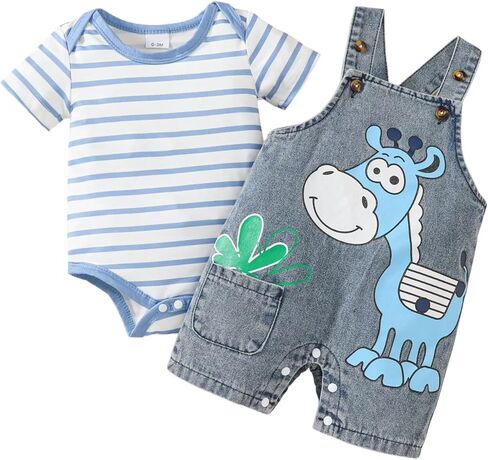 Baby Boy Clothes Summer Outfits Infant Short Sleeve Striped Romper Cute Dinosaur Jeans Suspender Overalls 0-18 Months in Kuwait