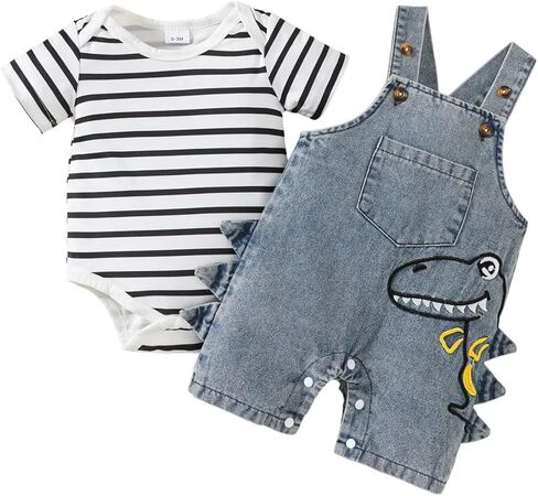 Baby Boy Clothes Summer Outfits Infant Short Sleeve Striped Romper Cute Dinosaur Jeans Suspender Overalls 0-18 Months in Kuwait
