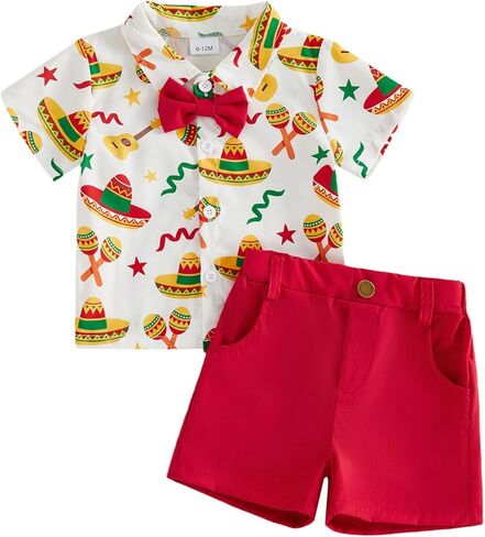 Baby Boy Mexican Clothes Short Sleeve Maracas Guitar Print Button Down Shirt Bermuda Shorts Kids Cinco De Mayo Outfit in Saudi Arabia