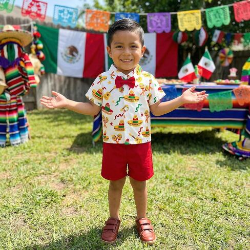 Baby Boy Mexican Clothes Short Sleeve Maracas Guitar Print Button Down Shirt Bermuda Shorts Kids Cinco De Mayo Outfit in Saudi Arabia