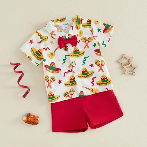 Baby Boy Mexican Clothes Short Sleeve Maracas Guitar Print Button Down Shirt Bermuda Shorts Kids Cinco De Mayo Outfit in Saudi Arabia