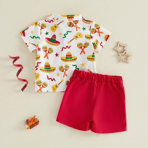 Baby Boy Mexican Clothes Short Sleeve Maracas Guitar Print Button Down Shirt Bermuda Shorts Kids Cinco De Mayo Outfit in Saudi Arabia