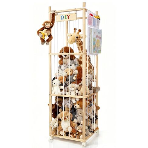 Stuffed Animal Storage Organizer, Wooden Zoo Stuffed Animal Holder with Wheels, Large Capacity Organizer with Storage Bag, Toy Organizer with Elastic Cords for Playroom, Bedroom, Nursery in Kuwait