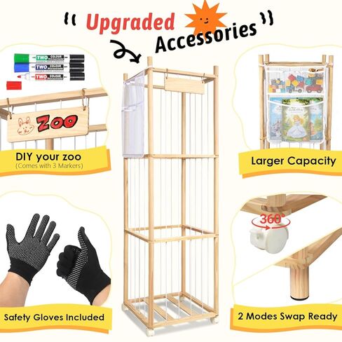 Stuffed Animal Storage Organizer, Wooden Zoo Stuffed Animal Holder with Wheels, Large Capacity Organizer with Storage Bag, Toy Organizer with Elastic Cords for Playroom, Bedroom, Nursery in Kuwait