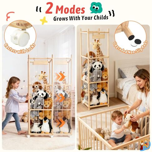 Stuffed Animal Storage Organizer, Wooden Zoo Stuffed Animal Holder with Wheels, Large Capacity Organizer with Storage Bag, Toy Organizer with Elastic Cords for Playroom, Bedroom, Nursery in Kuwait