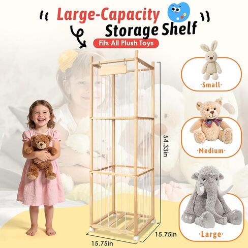 Stuffed Animal Storage Organizer, Wooden Zoo Stuffed Animal Holder with Wheels, Large Capacity Organizer with Storage Bag, Toy Organizer with Elastic Cords for Playroom, Bedroom, Nursery in Kuwait