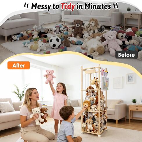 Stuffed Animal Storage Organizer, Wooden Zoo Stuffed Animal Holder with Wheels, Large Capacity Organizer with Storage Bag, Toy Organizer with Elastic Cords for Playroom, Bedroom, Nursery in Kuwait