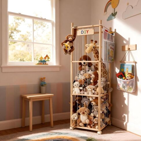Stuffed Animal Storage Organizer, Wooden Zoo Stuffed Animal Holder with Wheels, Large Capacity Organizer with Storage Bag, Toy Organizer with Elastic Cords for Playroom, Bedroom, Nursery in Kuwait