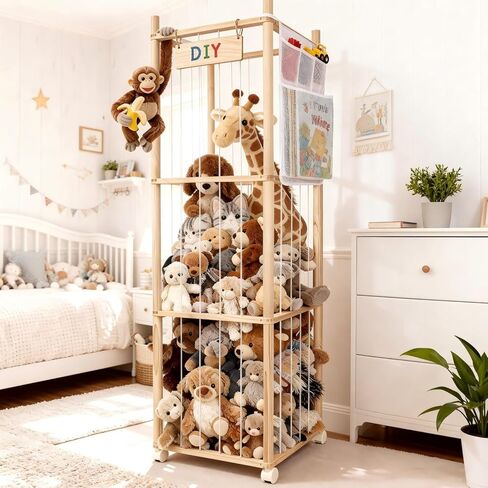 Stuffed Animal Storage Organizer, Wooden Zoo Stuffed Animal Holder with Wheels, Large Capacity Organizer with Storage Bag, Toy Organizer with Elastic Cords for Playroom, Bedroom, Nursery in Kuwait