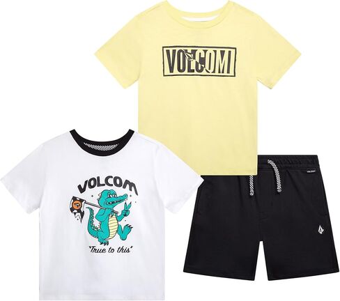 مجموعة شورتات للأولاد الصغار من Volcom - طقم تيشيرتات برسومات للأولاد مكونة من 3 قطع وشورتات للأطفال الصغار - مجموعة ملابس للأطفال in Kuwait